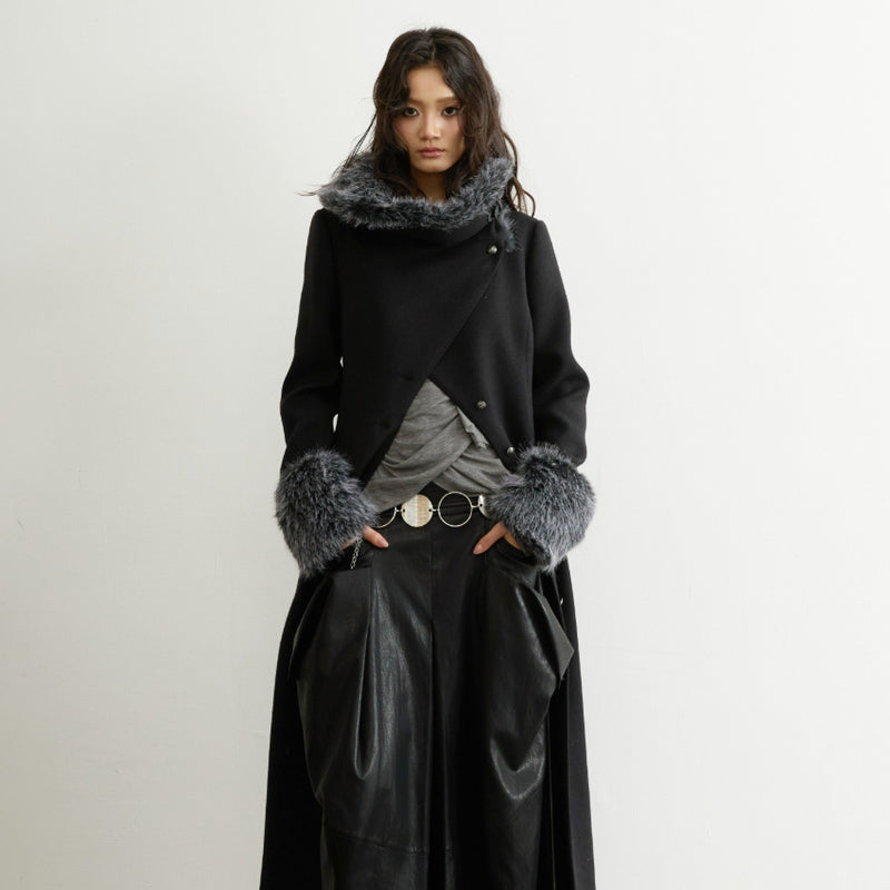 Wool Coat With A Fur-trimmed Collar Fitted Waist And Long Silhouette